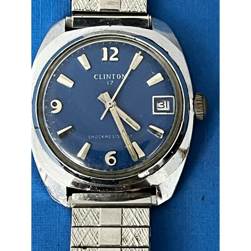 Vintage 1960s Men's CLINTON 17 Jewel Mechanical Watch Stainless Blue dial runs